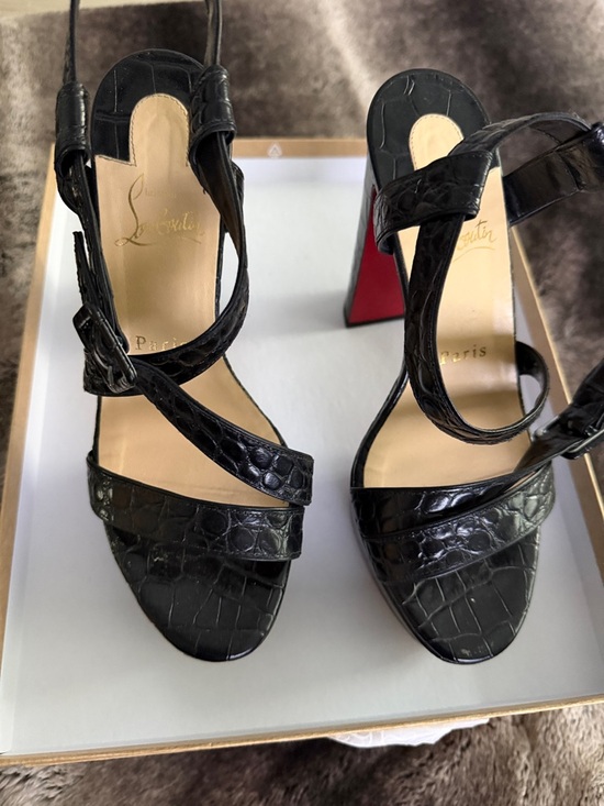 Christian Louboutin Shoes - Christian Louboutin Black Croc-Embossed Leather Strappy Heels with Red Sole